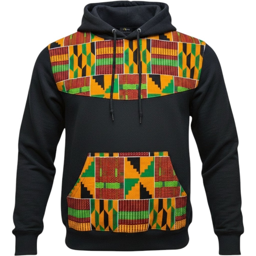 D'IYANU Hoodie Mens Small Black Cotton Kente Print Patchwork Pullover Boho USA